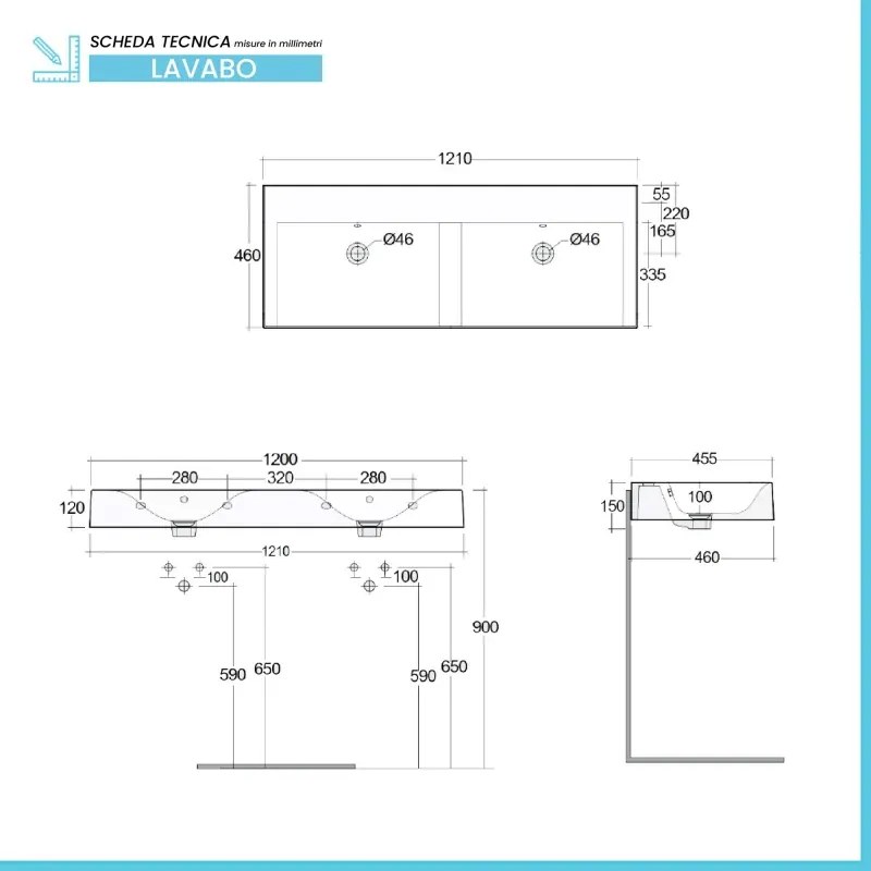 Lavabo sospeso doppio 120cm rettangolare in ceramica bianca senza foro per rubinetto Rak Des