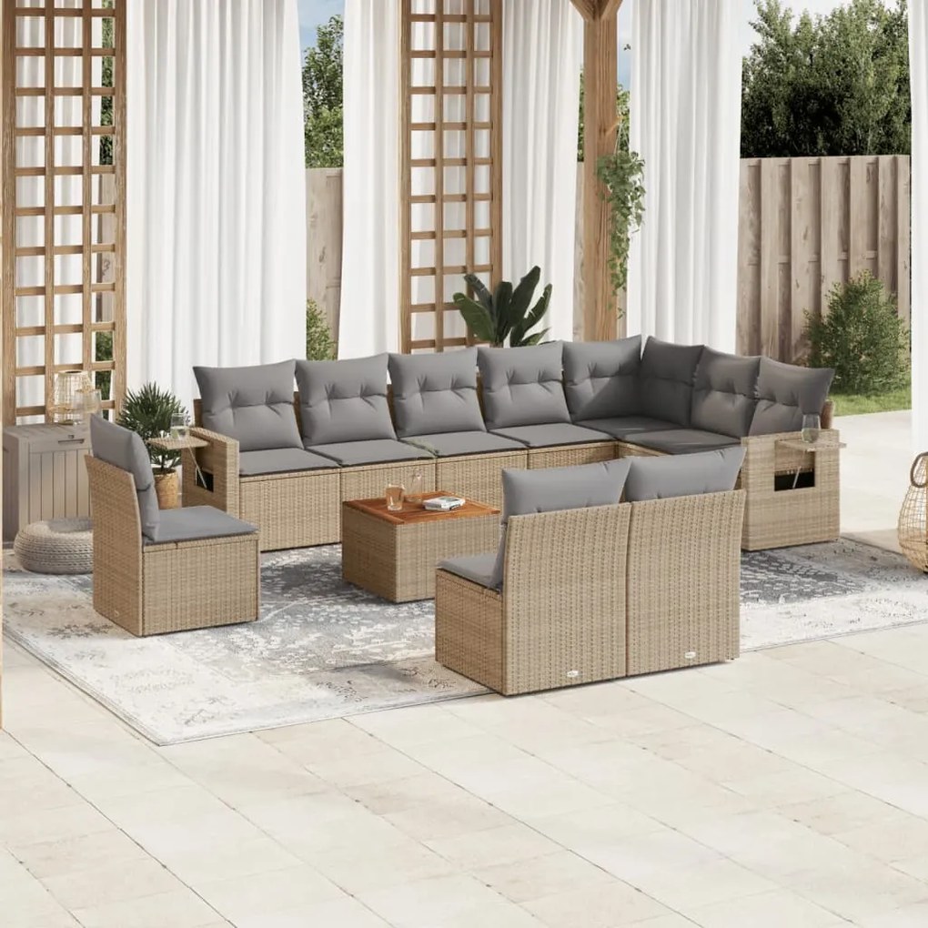 Set divano da giardino 11 pz con cuscini beige misto polyrattan