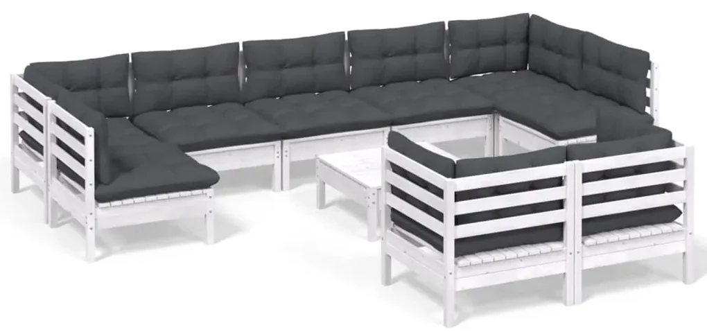 Set divani da giardino 10 pz con cuscini bianchi legno di pino
