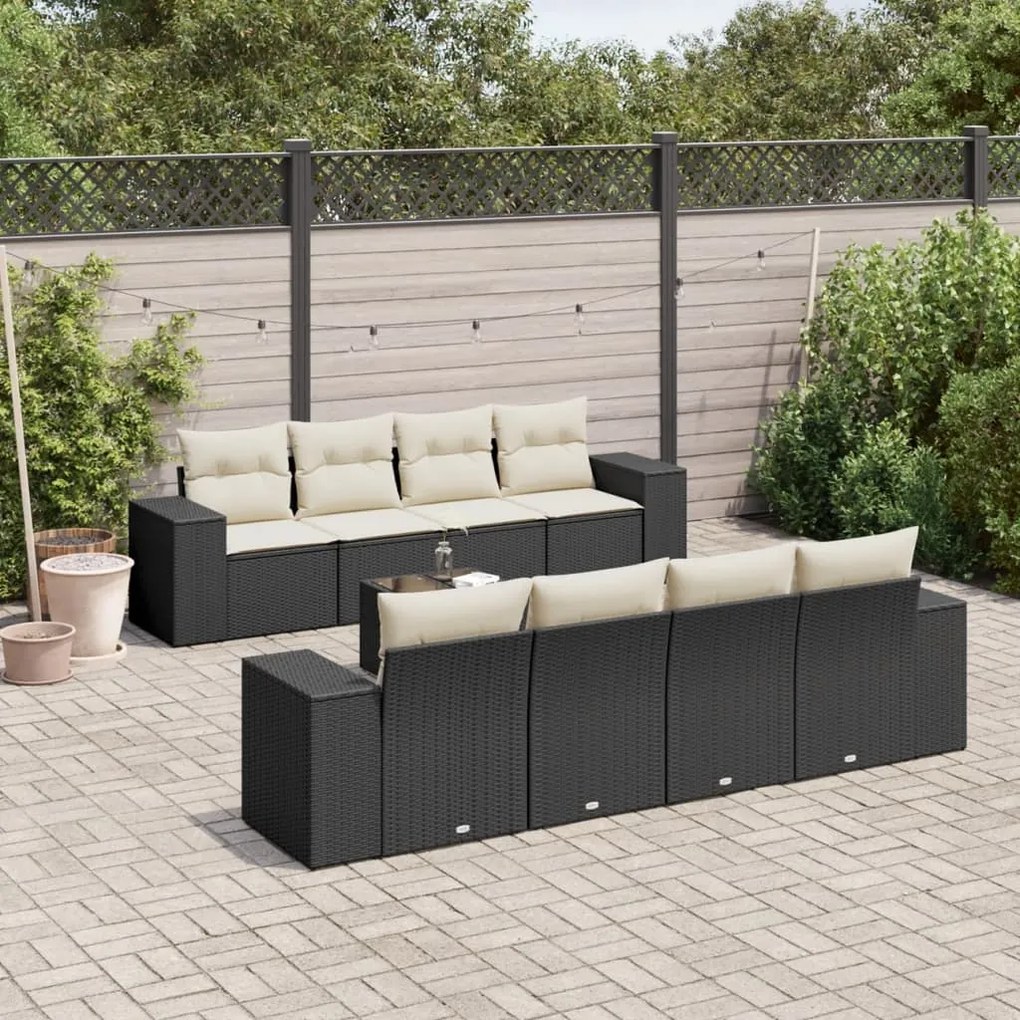 Set divani da giardino 9 pz con cuscini nero in polyrattan