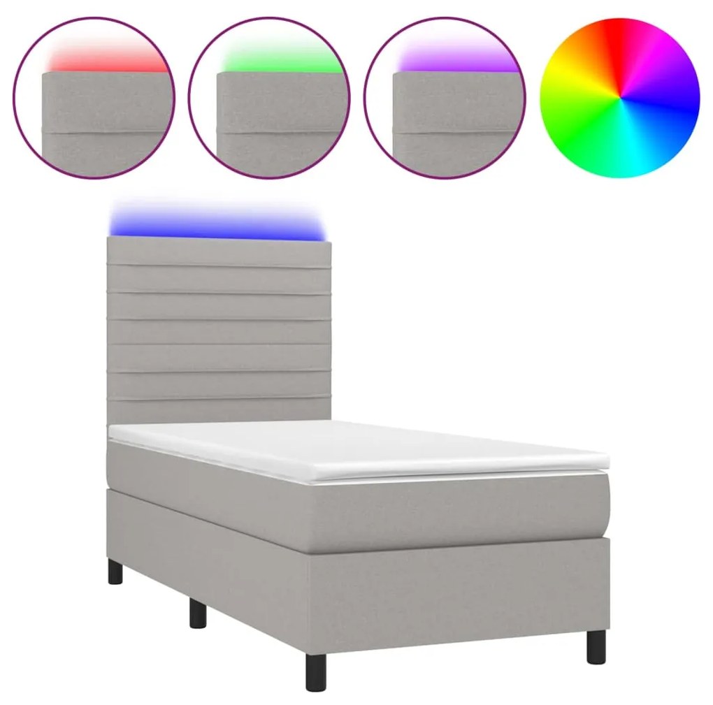 Letto a molle materasso e led grigio chiaro 90x200 cm tessuto