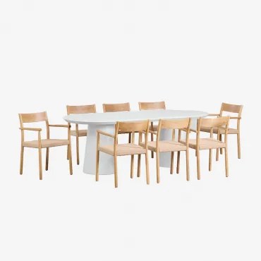 Set Tavolo Ovale 220x95 Cm In Cemento Noemi E 8 Sedie Da Pranzo In Legno Di Rovere E Corda Intrecciata Mara Bianco - Sklum