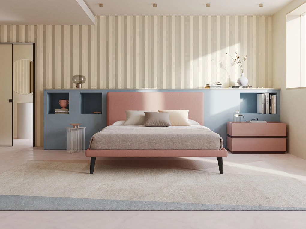 Noel letto minimal scandinavo con piedi in mogano e tessuto fiammato impermeabile T19