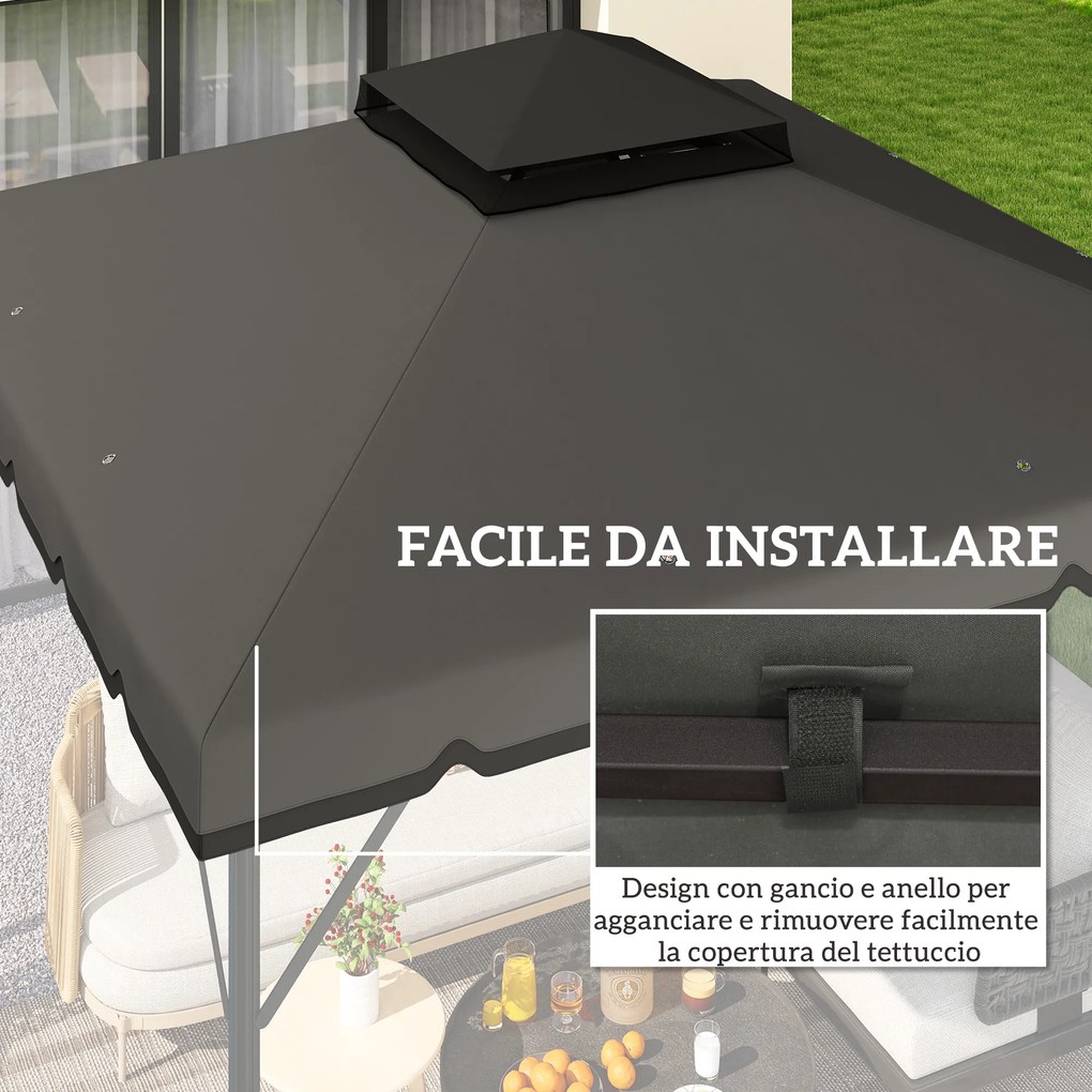 Telo di Ricambio Copertura per Gazebo 3x3 m a 2 Livelli con 8 Fori di Drenaggio in Poliestere Grigio Chiaro e Scuro...