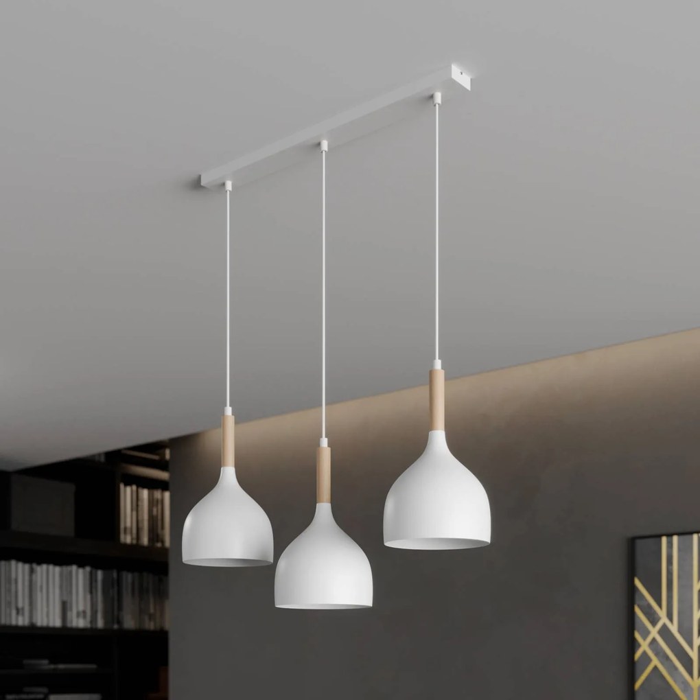 Luminex Lampada a sospensione Noak, bianco/legno naturale, a 3 luci lunga