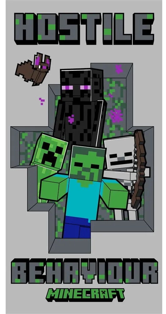 Asciugamano per bambini grigio in cotone 70x140 cm Minecraft Hostile Behaviour – Jerry Fabrics