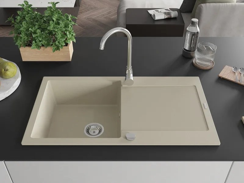 Mexen Leo lavello in granito a 1 vasca con sgocciolatoio 900 x 500 mm, beige, sifone cromato - 6501901010-69