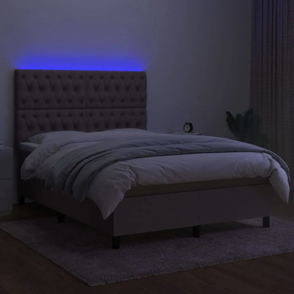 Letto a molle con materasso e led tortora 140x190 cm in tessuto