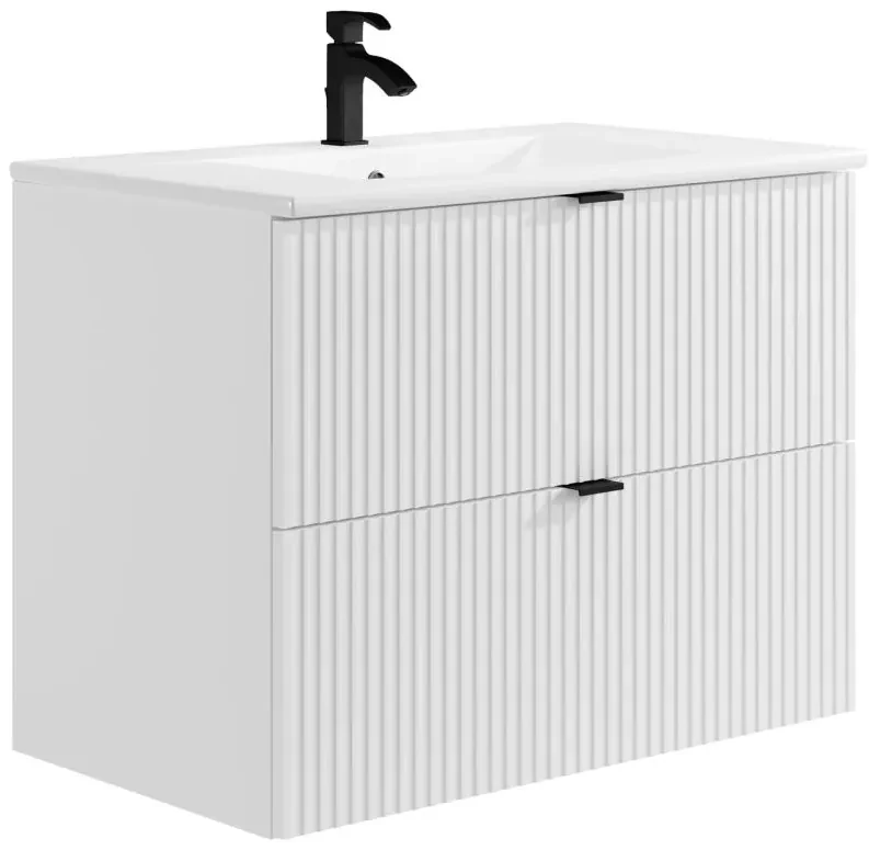 Mobile per bagno sospeso con scanalature e lavabo da incasso L80 cm Bianco - ZEVINI