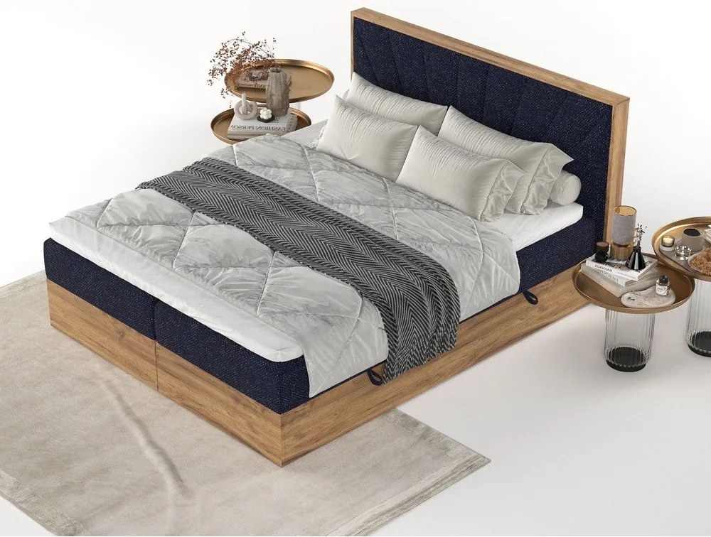 Letto boxspring con contenitore in blu scuro-naturale 200x200 cm Asahi - Maison de Rêve