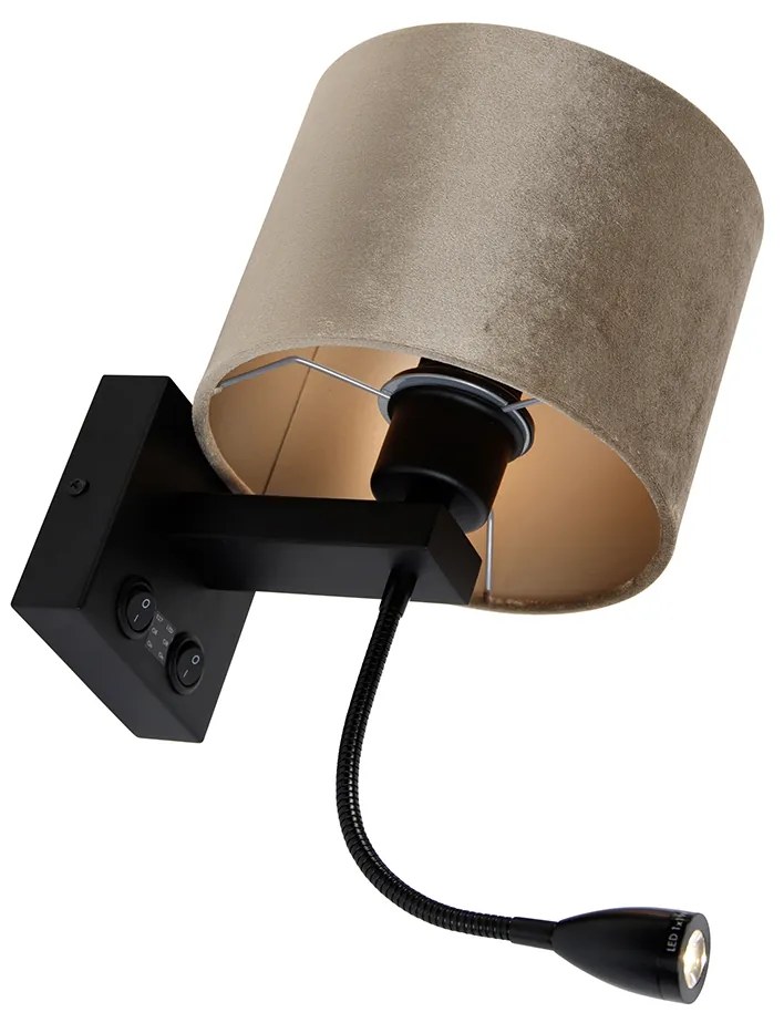 Lampada da parete nera con paralume in velluto taupe 18 cm - Brescia Combi