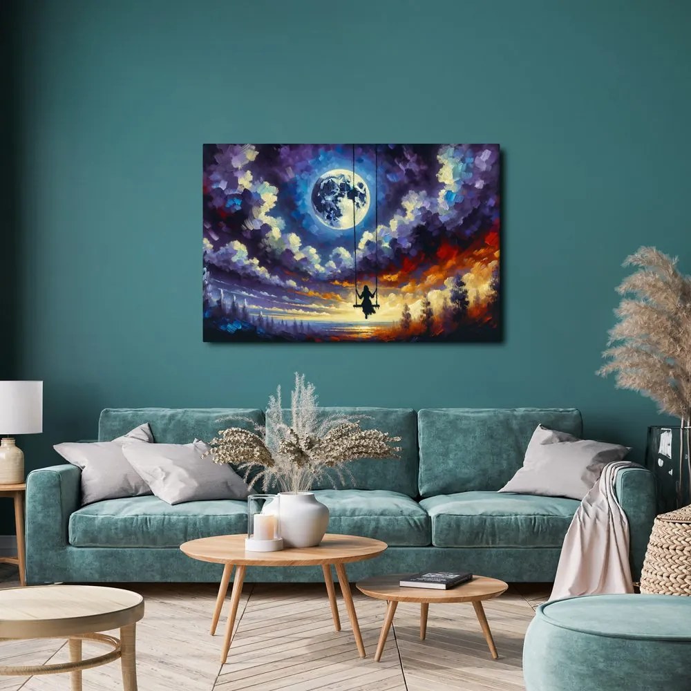 Quadro su tela – Ragazza sull’altalena sotto la luna