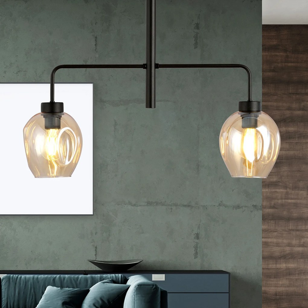 Lampadario Moderno 2 Luci Auriga In Accaio Nero E Vetro Ambra