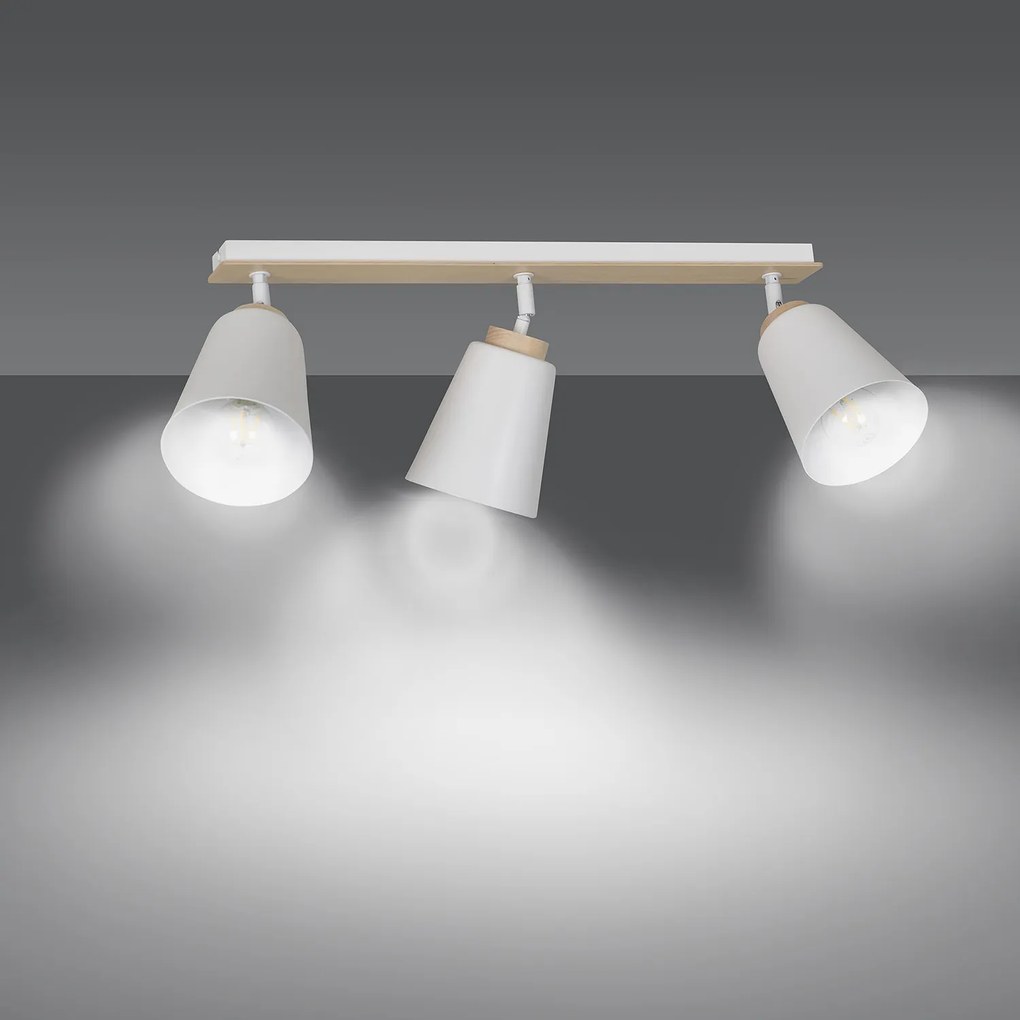 Plafoniera Spot Faretti Orientabili 3 Luci Xiwangmu Acciaio Bianco E Legno Naturale