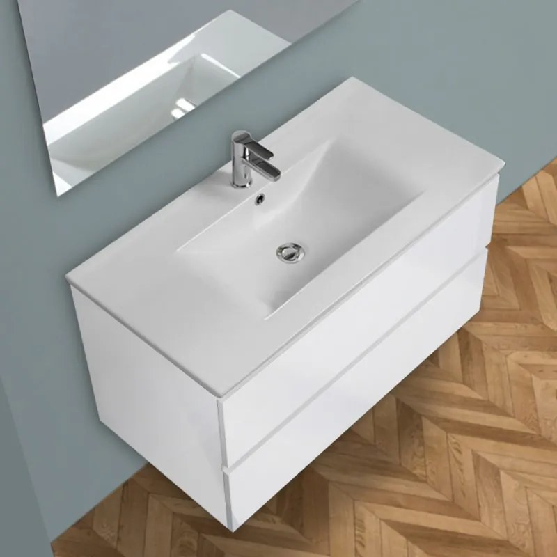 Mobile Bagno Sospeso Bianco Lucido da 100 cm Completo di Lampada e Specchio