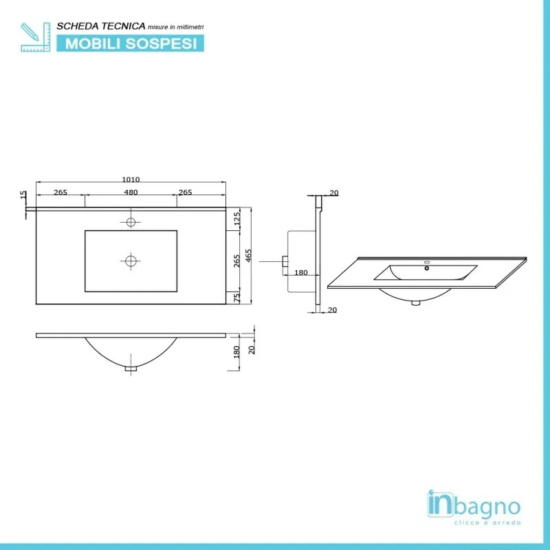 Mobile bagno sospeso bianco lucido 100 cm lavabo e specchiera LED Easy