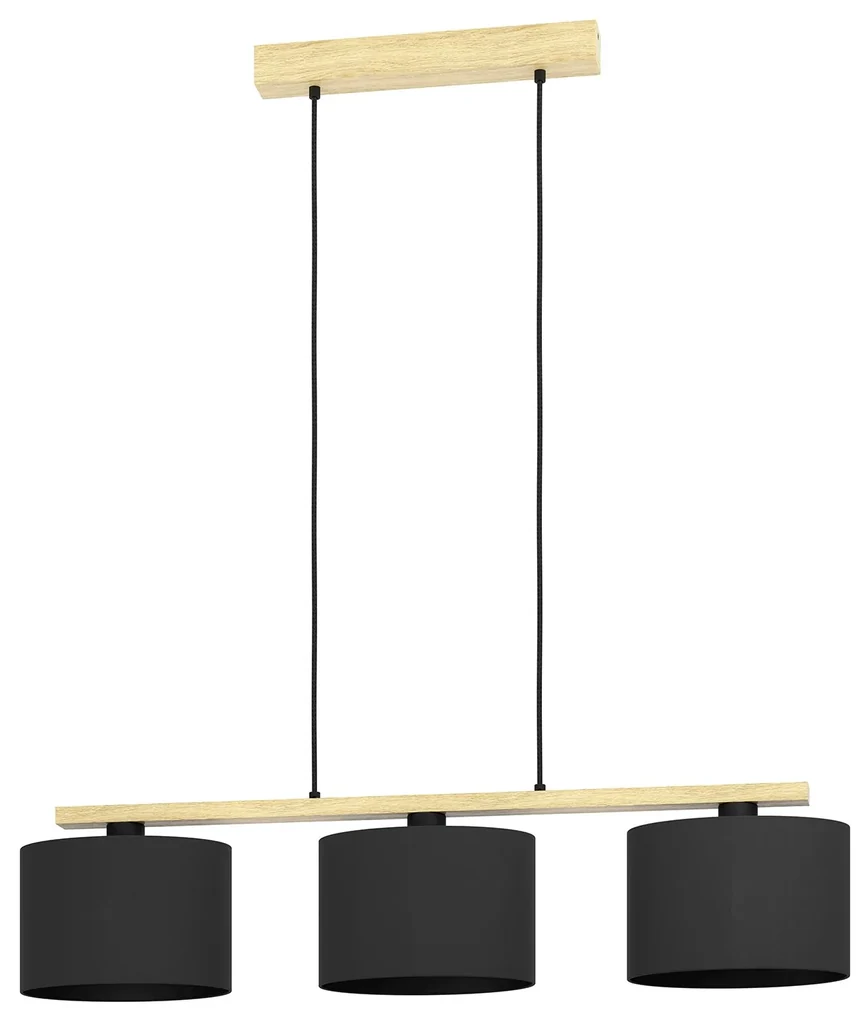 Lampadario A Sospensione Contemporaneo Castralvo Metallo Nero Legno 3 Luci E27