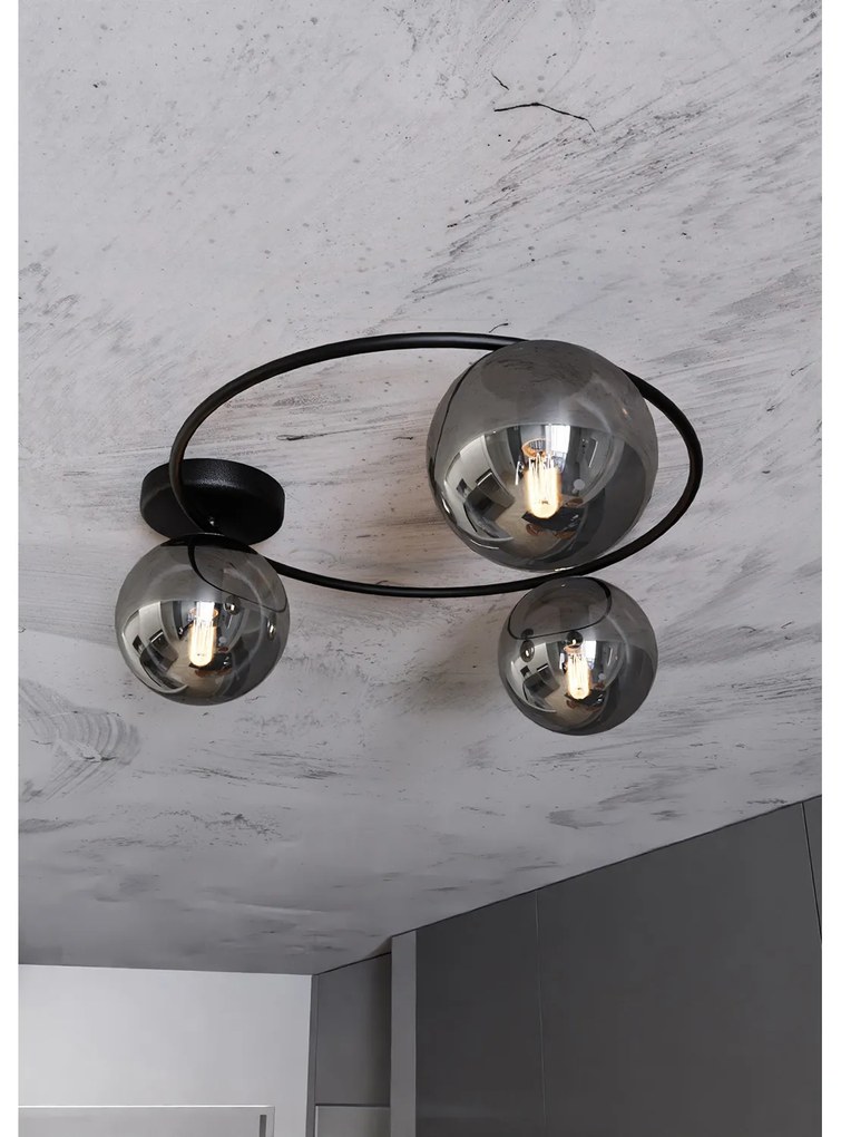 Plafoniera Minimal 3 Luci Perseo In Acciaio Nero E Sfere In Vetro Fumè