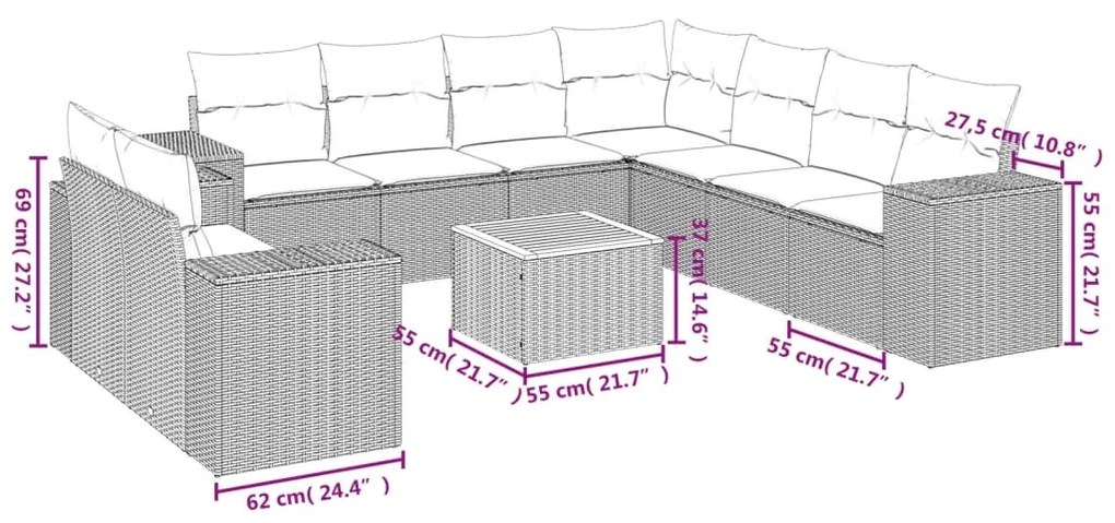 Set divani da giardino 10pz con cuscini in polyrattan nero