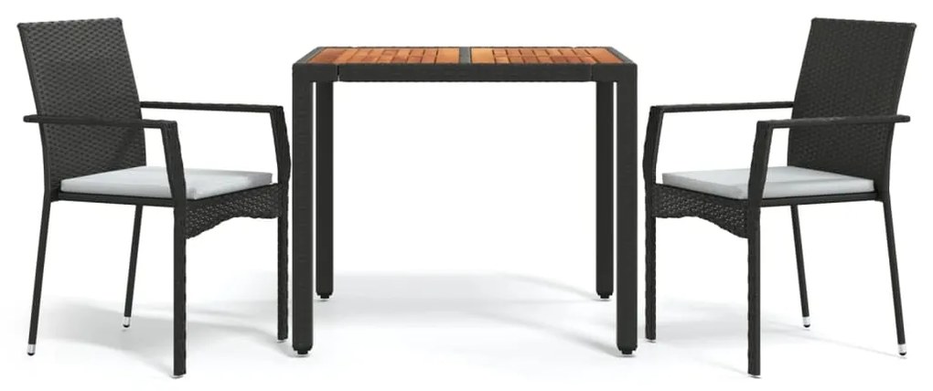 Set da pranzo da giardino 3 pz con cuscini nero in polyrattan