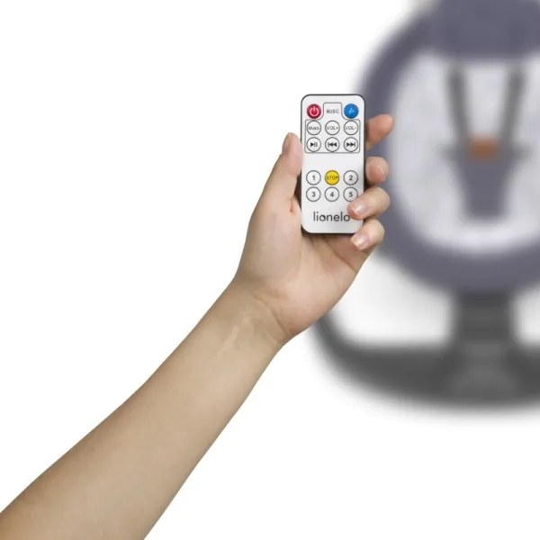 Lionelo - Altalena per bambini RALF con melodia, 4xAA, Grigio/Bianco + telecomando