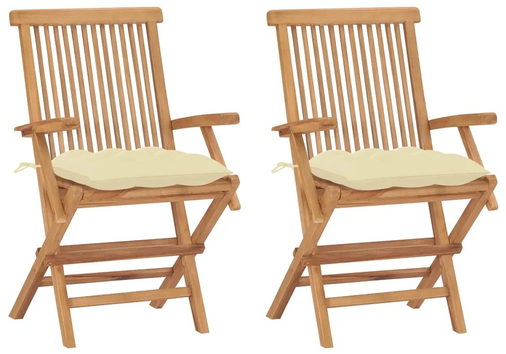 Sedie da giardino 2 pz cuscini bianco crema in massello di teak