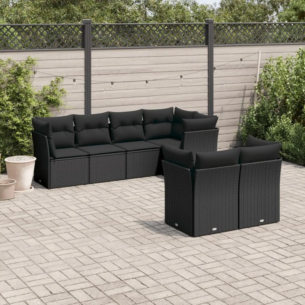 Set divani da giardino con cuscini 7pz nero polyrattan