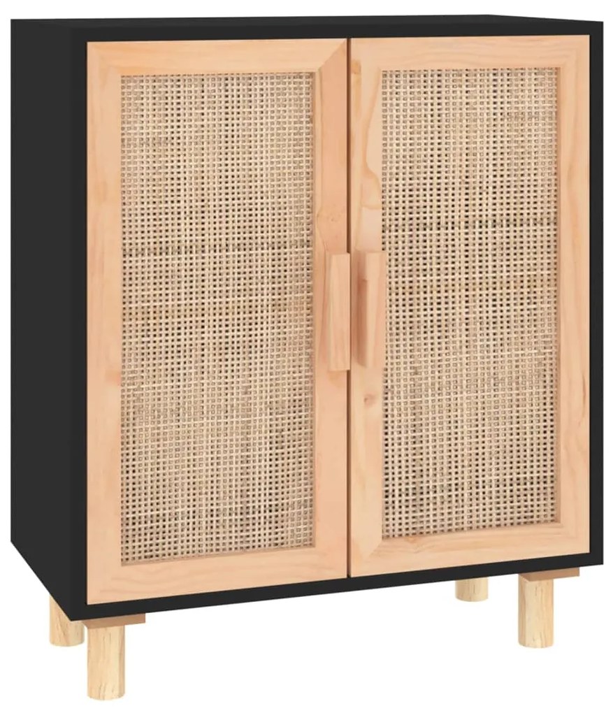 Credenza nera 60x30x70 cm legno massello pino e rattan naturale