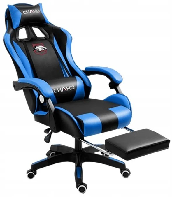 Comoda sedia da gaming con cuscino nero e blu