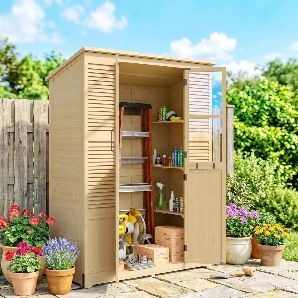 Armadio da Giardino Walk-in 147x68x198 cm con Pavimento e 4 Finestre in Legno di Abete...