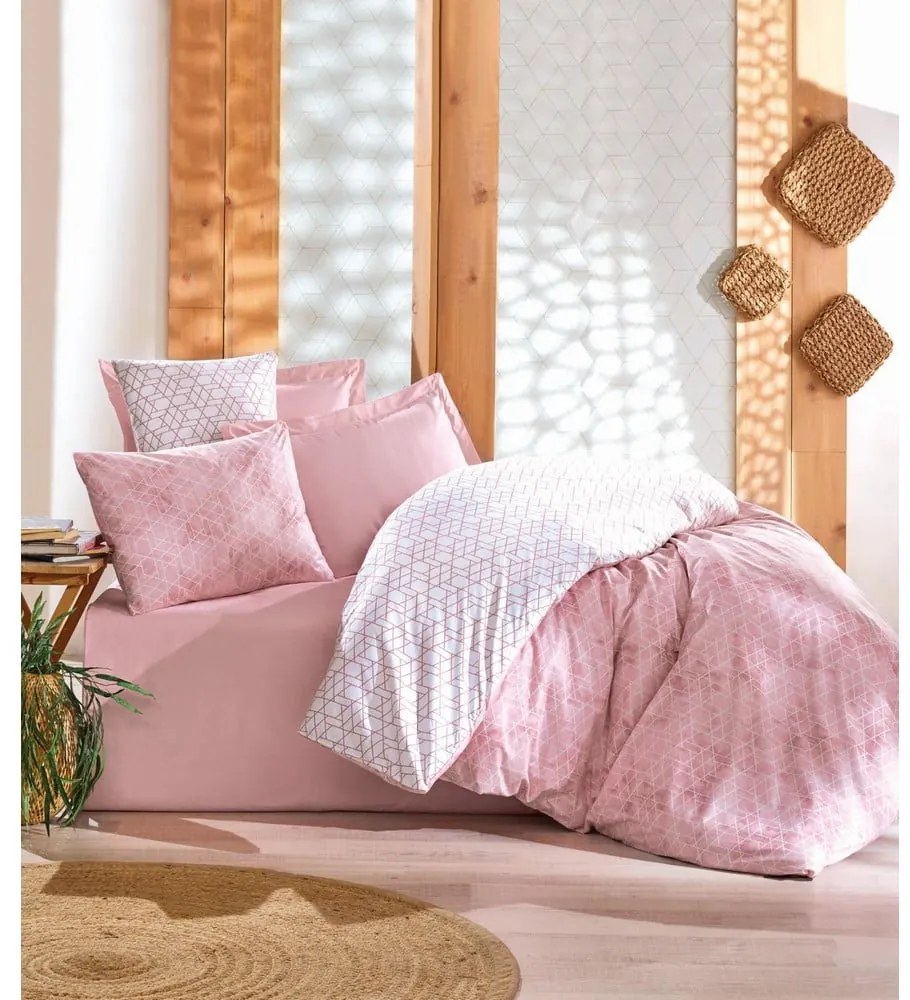 Set copripiumino e federa bianco/rosa in cotone renforcé per letto matrimoniale ed esteso 240x220 cm Soft Geometry – Mila Home Luxury