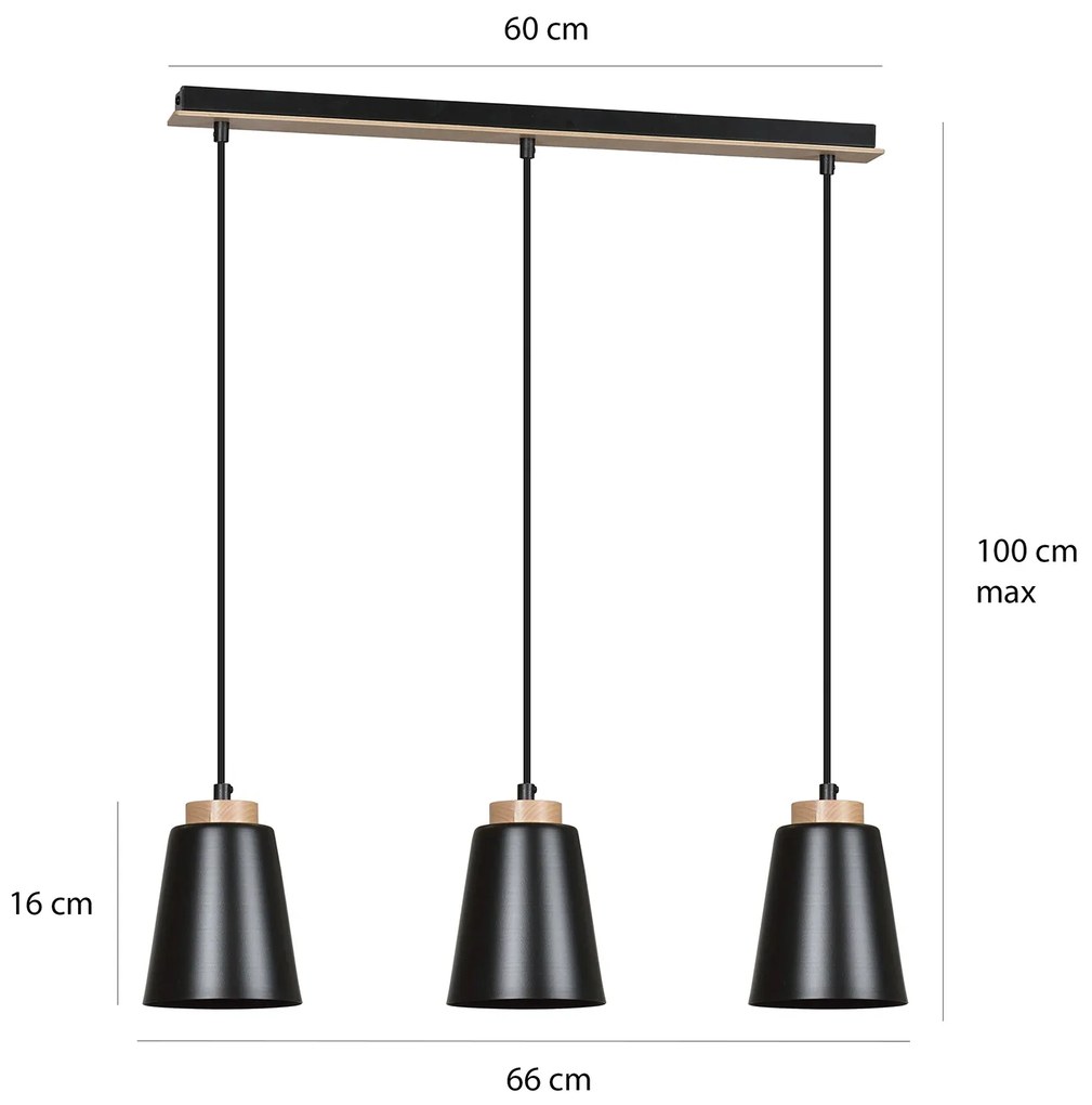 Lampadario 3 Luci Lancillotto Con Paralumi A Cono In Acciaio Nero E Legno Naturale