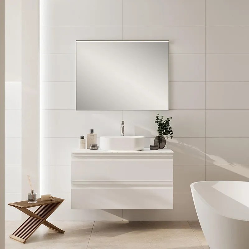 Mobile Pull L100 H55 P45 bianco opaco laccato 2 cassetti a chiusura ammortizzata e top gres Calacatta per lavabo in appoggio, piedini non inclusi