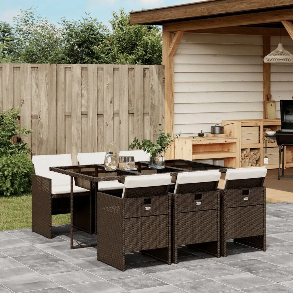 Set da pranzo da giardino 7pz con cuscini in polyrattan marrone