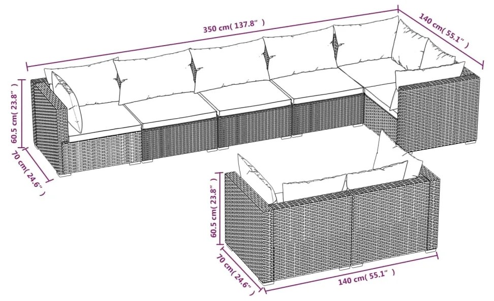 Set Divani da Giardino 8 pz con Cuscini in Polyrattan Marrone