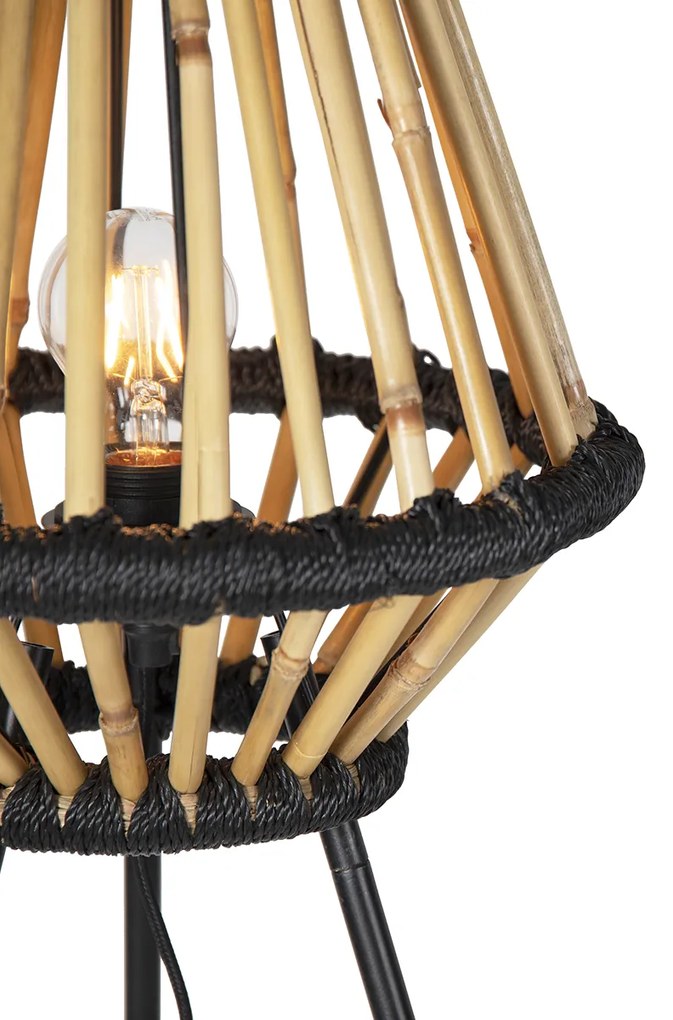 Lampada da terra a treppiede orientale in bambù con nero - Evalin