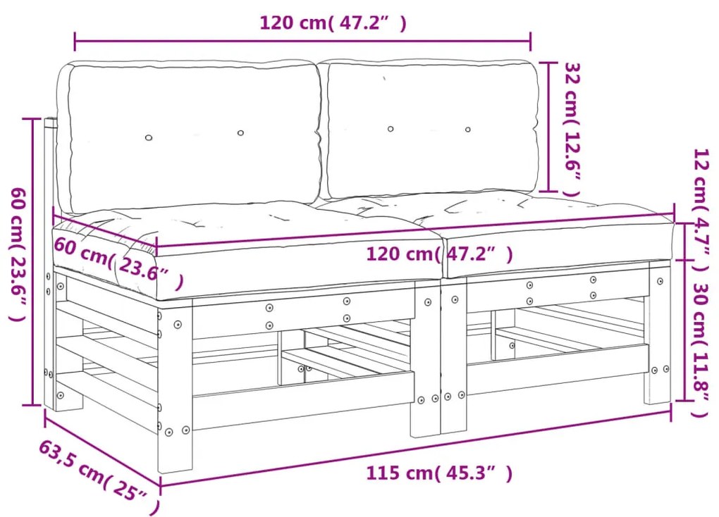 Divani Centrali con Cuscini 2 pz Legno Massello di Pino Grigio