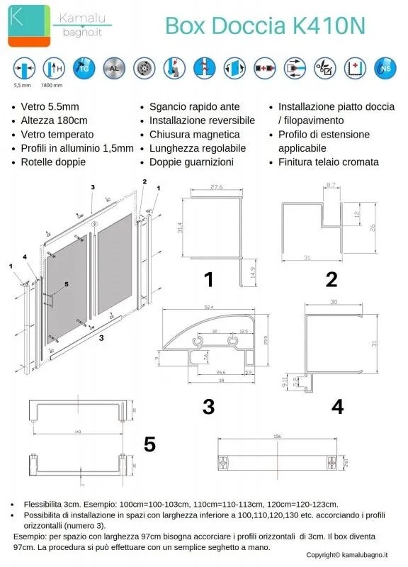 Kamalu - cabina nicchia vetro serigrafato 170cm altezza 180cm k410n