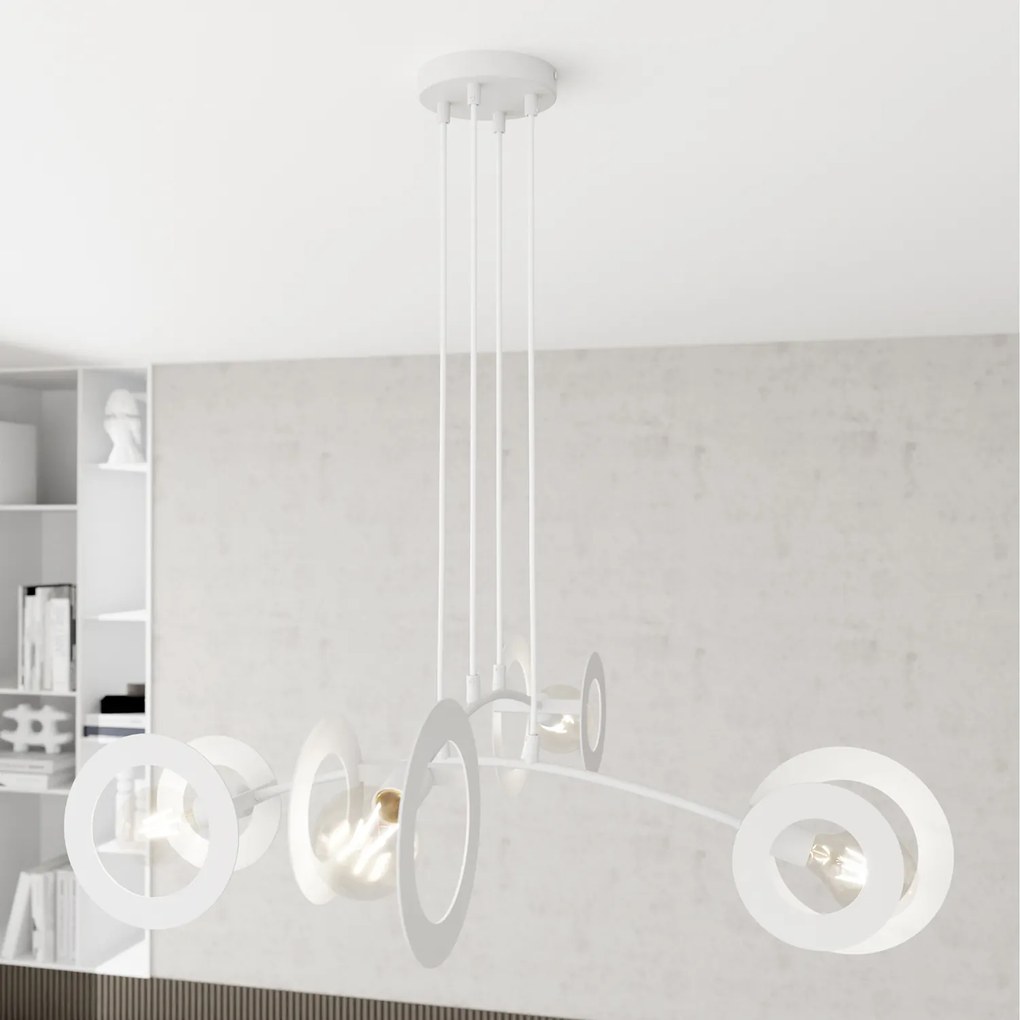 Lampadario 4 Luci Crono Acciaio Bianco A Bracci E Diffusori A Doppio Cerchio