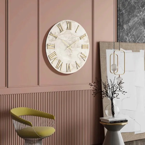 Orologio HAROLD rotondo D40 cm in legno rivestito con parato Oro