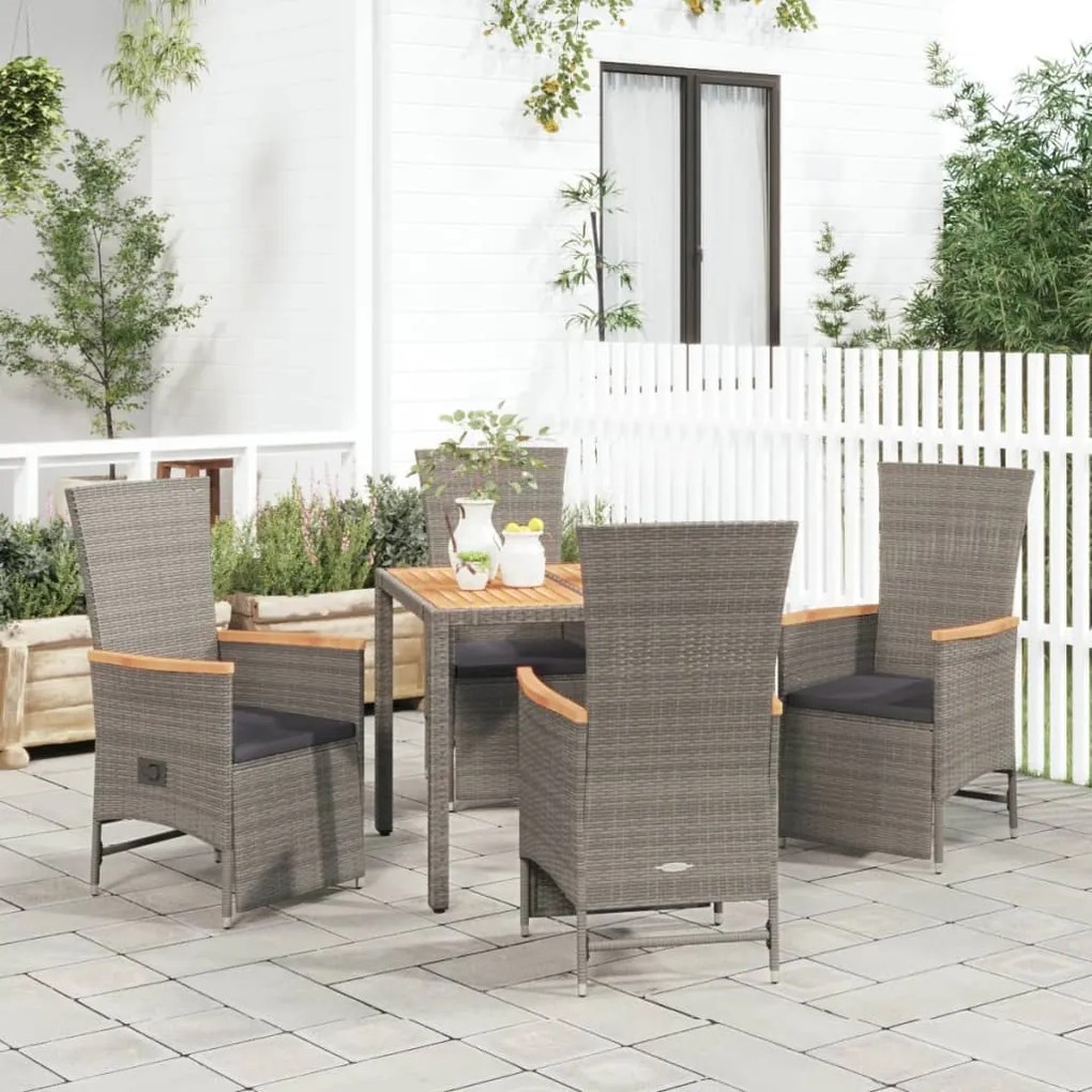 Set da pranzo da giardino 5 pz con cuscini in polyrattan grigio