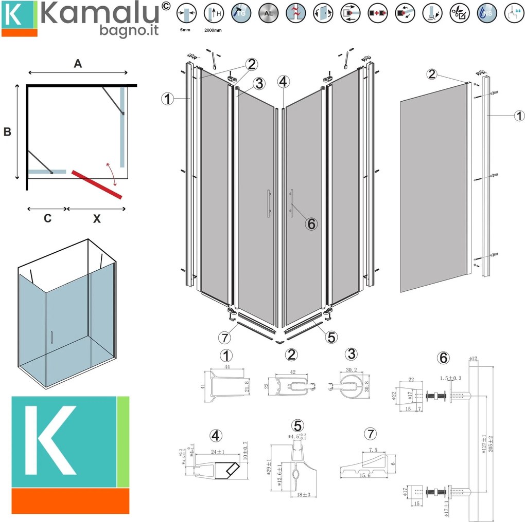 Box doccia 70x120cm finitura nera battente e fisso 70cm | KPX2800N - KAMALU