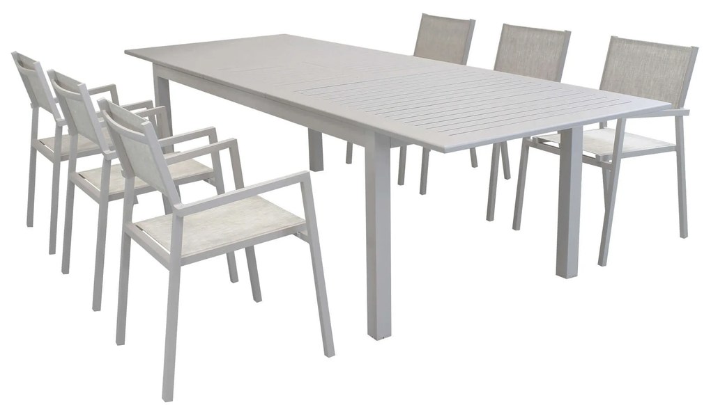 ARGENTUM - set tavolo in alluminio cm 220/280 x 100 x 75 h con 6 poltrone Aulus