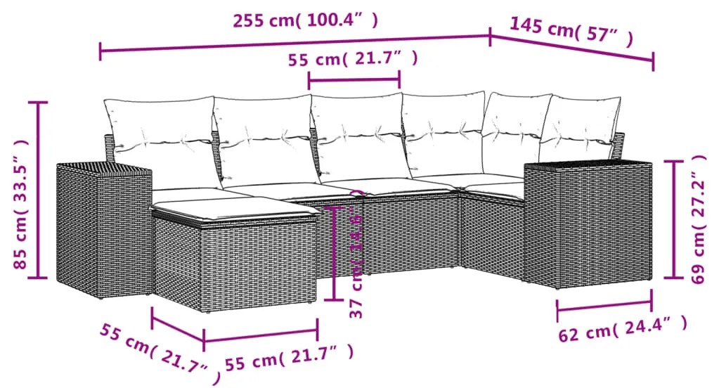 Set Divano da Giardino 6 pz con Cuscini Nero in Polyrattan