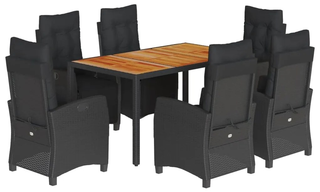 Set da Pranzo da Giardino 7 pz Nero con Cuscini in Polyrattan