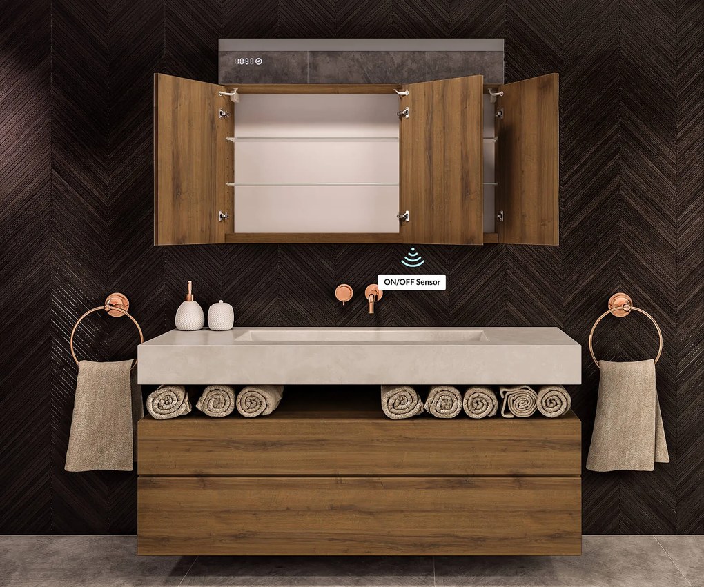 Mobile illuminato con specchio LED, modello Emily L02 - 100 x 72 cm, mobile da bagno dal design moderno con configurazione dell’interruttore dell’illuminazione, nel colore Rovere Oslo