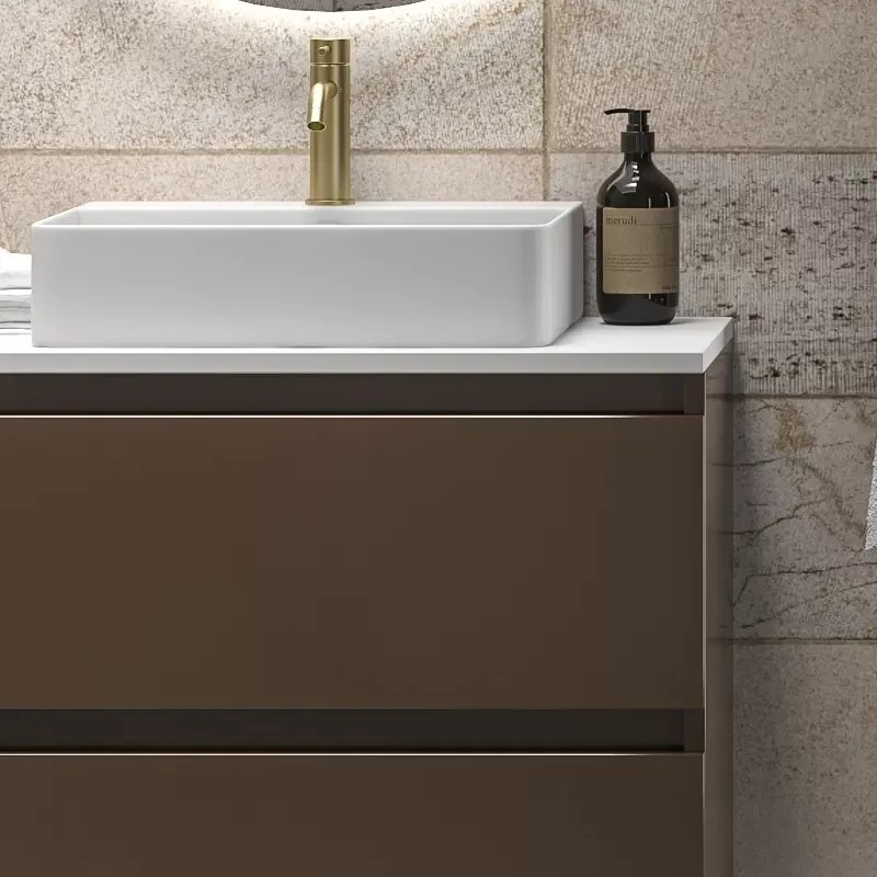 Mobile bagno sospeso 80 cm con due cassetti e piano bianco solid surface TOD-80SS - KAMALU