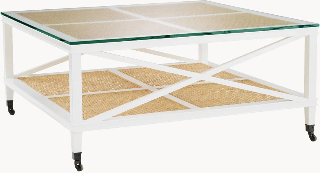 Tavolino da salotto con ruote in legno di mogano con piano in vetro e ripiano in rattan Bahamas