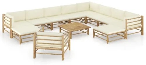 Set Salotto da Giardino 12pz con Cuscini Bianco Crema in Bambù