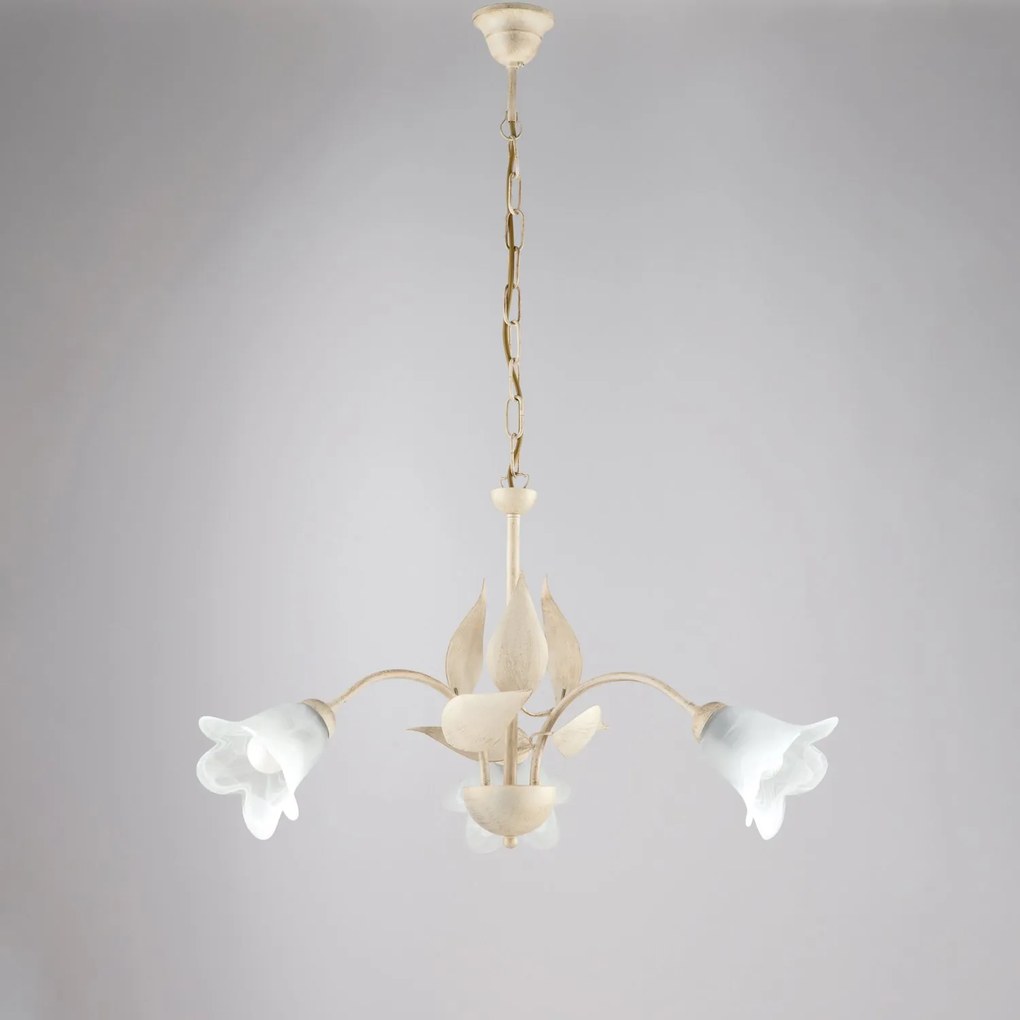 Lampadario 3 Luci Olga Avorio Oro Stile Ferro Battuto Vetro BeLight